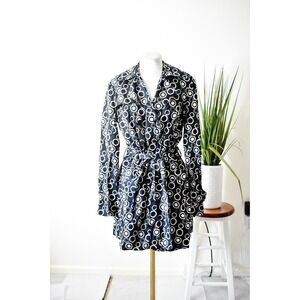 IZ Byer California Trench Coat Women Large Black White Retro Circle Print Belted